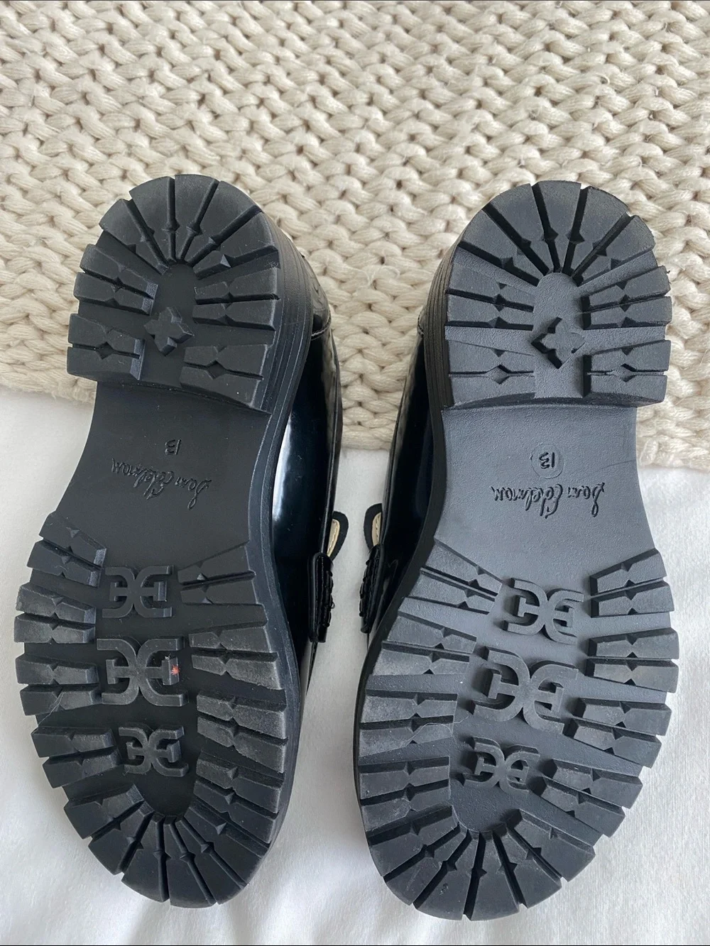 Sam Edelman Black Patent Loafers with Gold Chain Accent